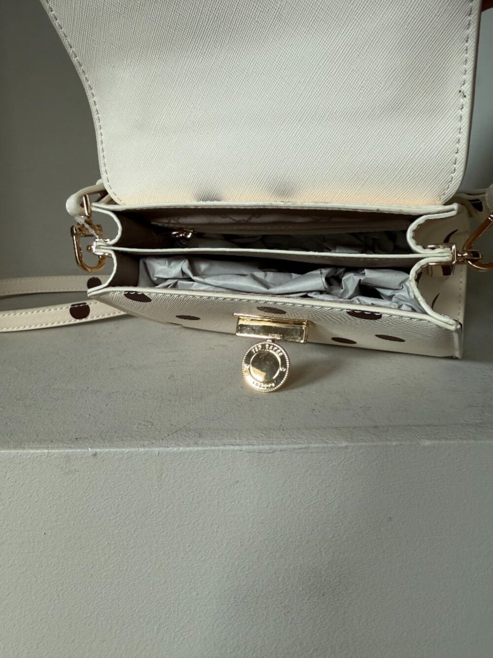 Ted Baker London Polka Dot Top Handle Crossbody Satchel Ivory Brown Bag NWT - Picture 13 of 14